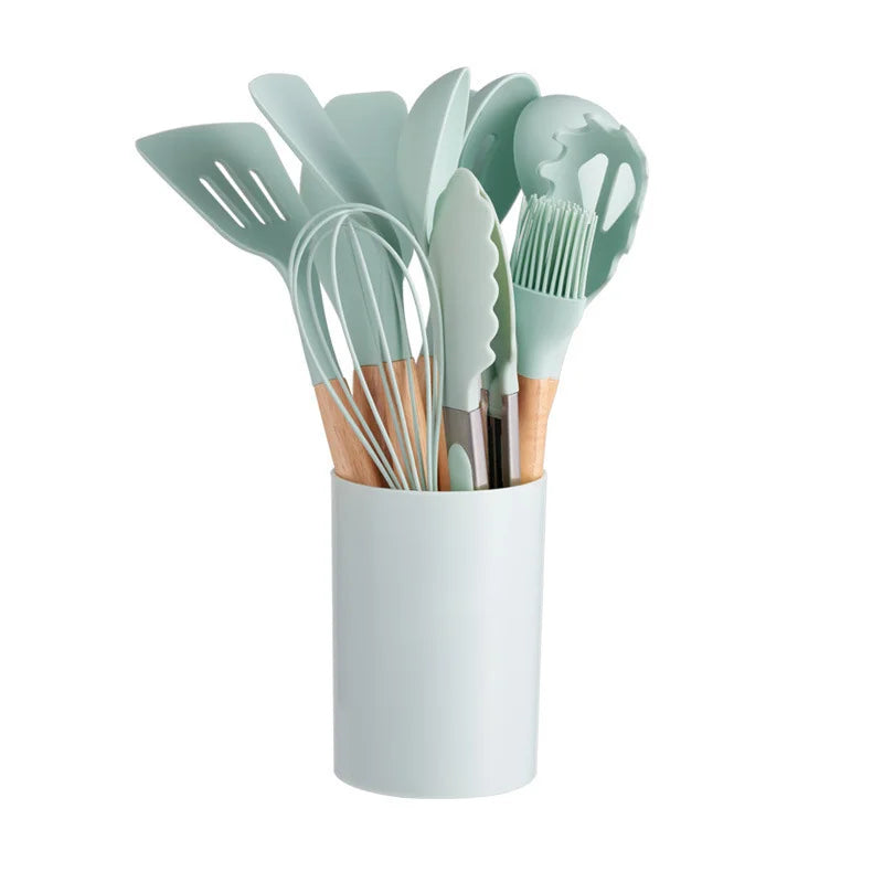 CalmPrep Silicone Utensil Set – 11-Piece Kitchen Tools with Wooden Handles in Soft Neutral Tones