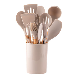 CalmPrep Silicone Utensil Set – 11-Piece Kitchen Tools with Wooden Handles in Soft Neutral Tones