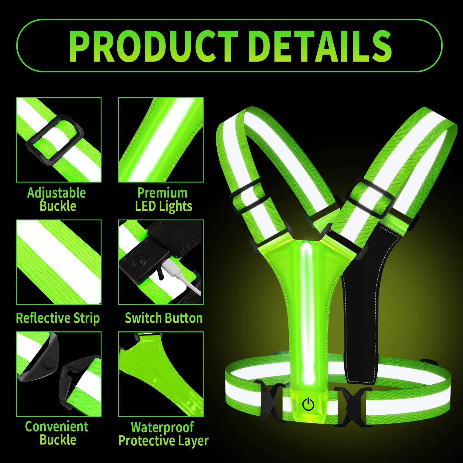 Reflective Running Vest Gear - Rechargeable & High Visibility for Cycling Walking