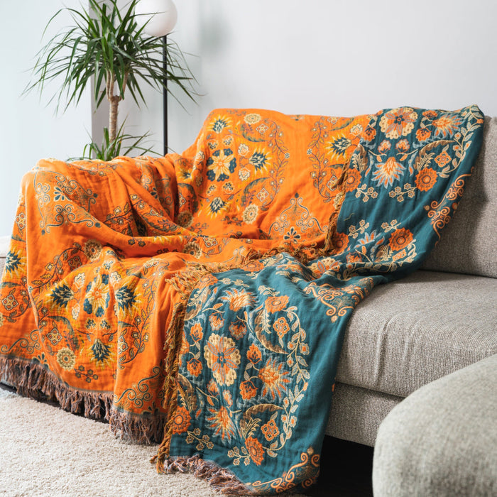 Reversible Nordic Floral Throw Blanket – Stylish Scandinavian Home Blanket in 100% Cotton
