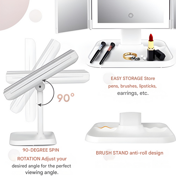 LED Vanity Mirror with Adjustable Triple Lighting and Compact Fold Design