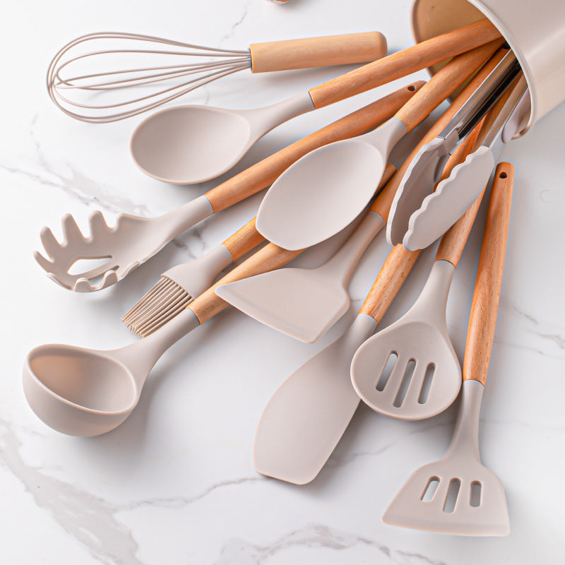 CalmPrep Silicone Utensil Set – 11-Piece Kitchen Tools with Wooden Handles in Soft Neutral Tones