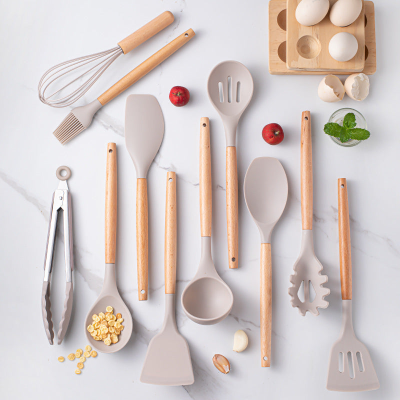 CalmPrep Silicone Utensil Set – 11-Piece Kitchen Tools with Wooden Handles in Soft Neutral Tones