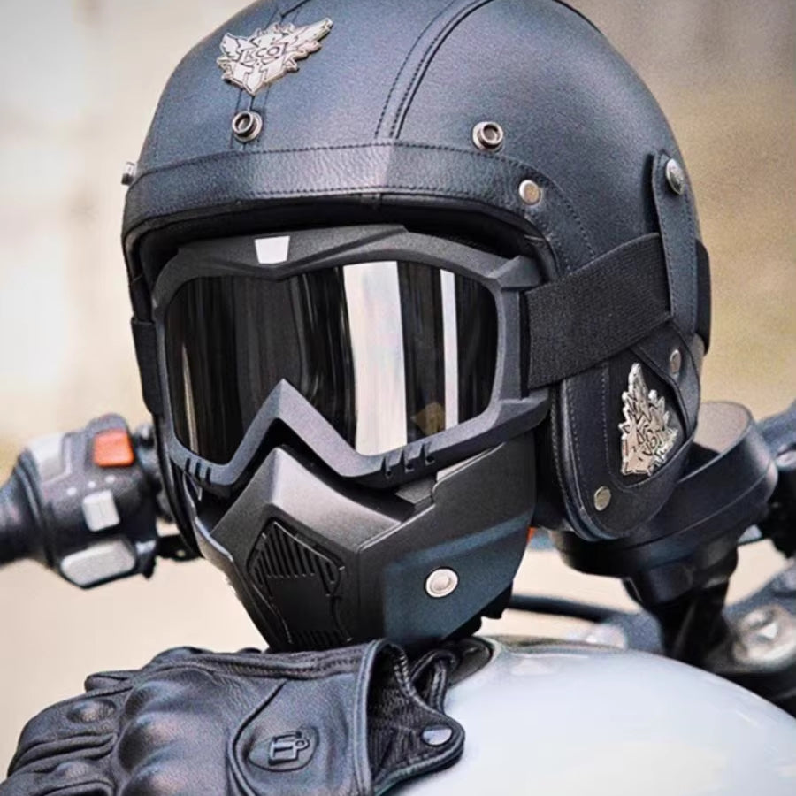 Retro Vintage Motorcycle Helmet Open Face With Goggle Mask