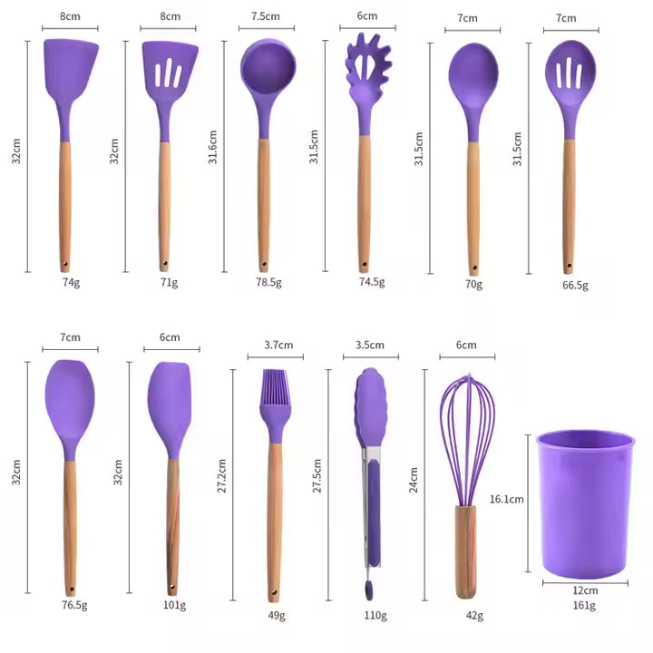 CalmPrep Silicone Utensil Set – 11-Piece Kitchen Tools with Wooden Handles in Soft Neutral Tones