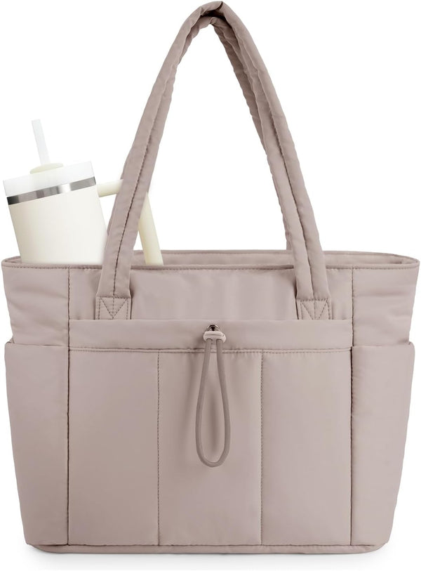 Quilted Tote Bag with Tumbler Holder and Padded Laptop Sleeve