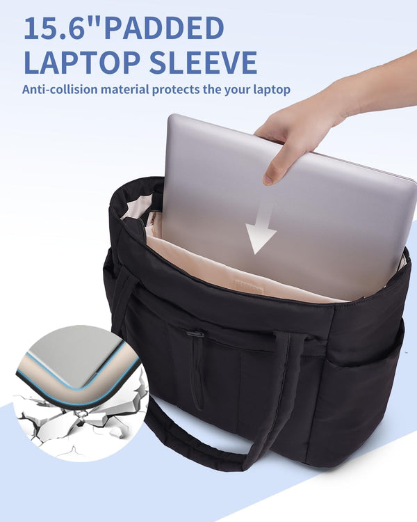 Quilted Tote Bag with Tumbler Holder and Padded Laptop Sleeve