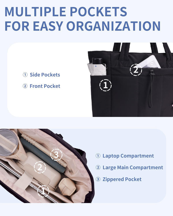 Quilted Tote Bag with Tumbler Holder and Padded Laptop Sleeve