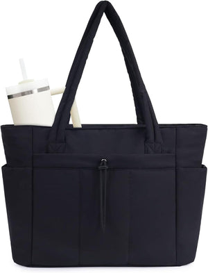 Quilted Tote Bag with Tumbler Holder and Padded Laptop Sleeve