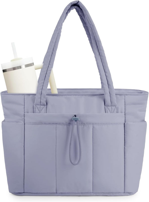 Quilted Tote Bag with Tumbler Holder and Padded Laptop Sleeve