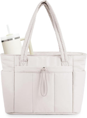 Quilted Tote Bag with Tumbler Holder and Padded Laptop Sleeve