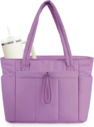 Quilted Tote Bag with Tumbler Holder and Padded Laptop Sleeve