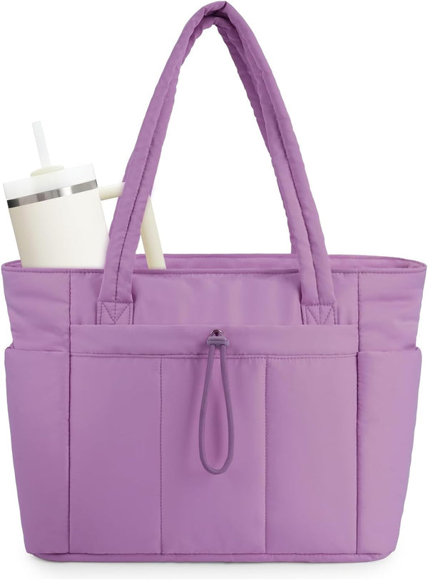 Quilted Tote Bag with Tumbler Holder and Padded Laptop Sleeve