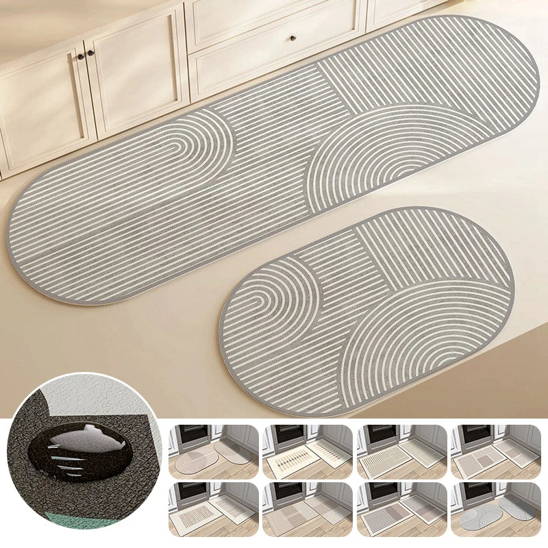 Quickdry Absorbing Kitchen Mat with Anti-Slip Back - Elegant Striped Design for Kitchen and Entryway Use