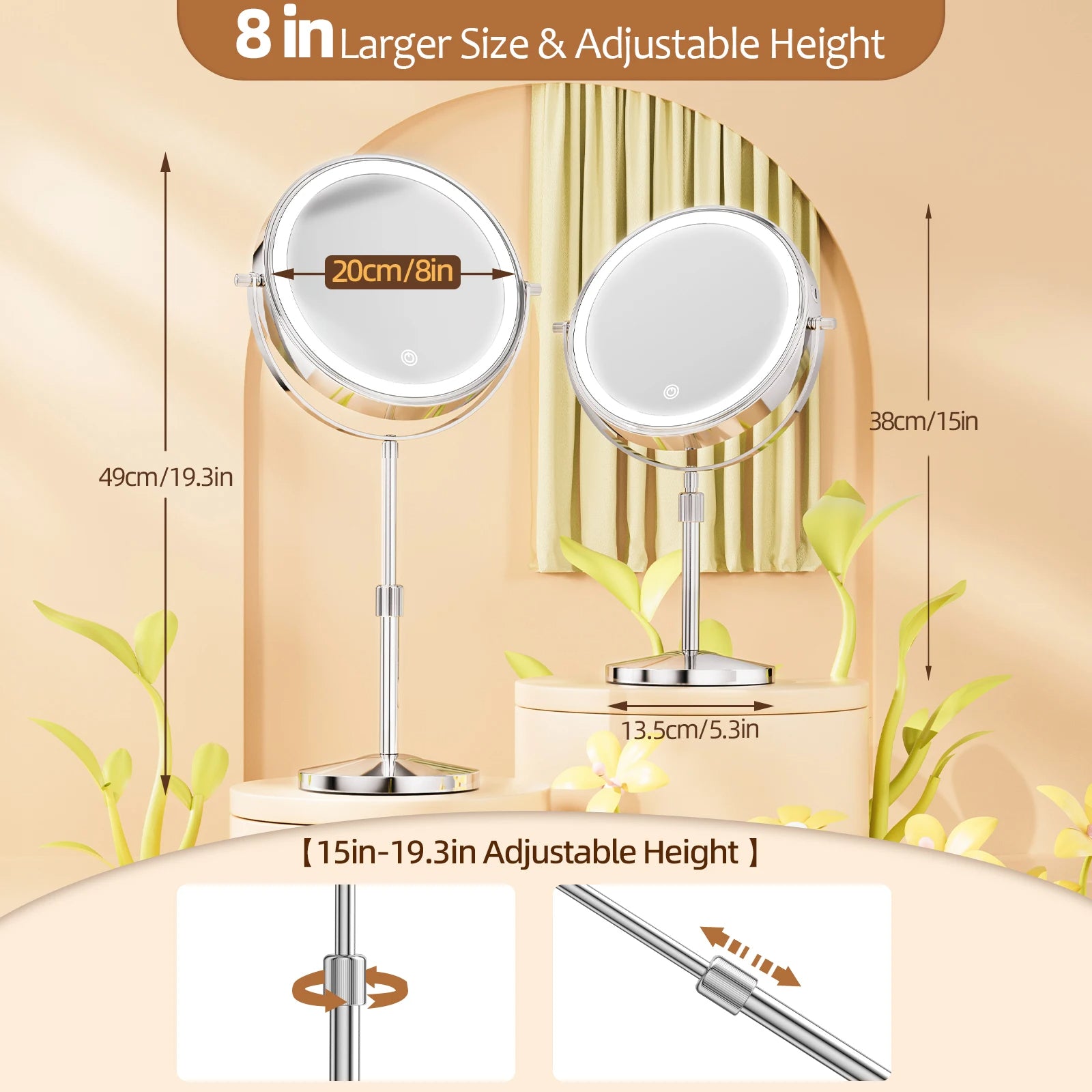 LED Makeup Mirror with Lights & 10X Zoom – Cordless & Adjustable