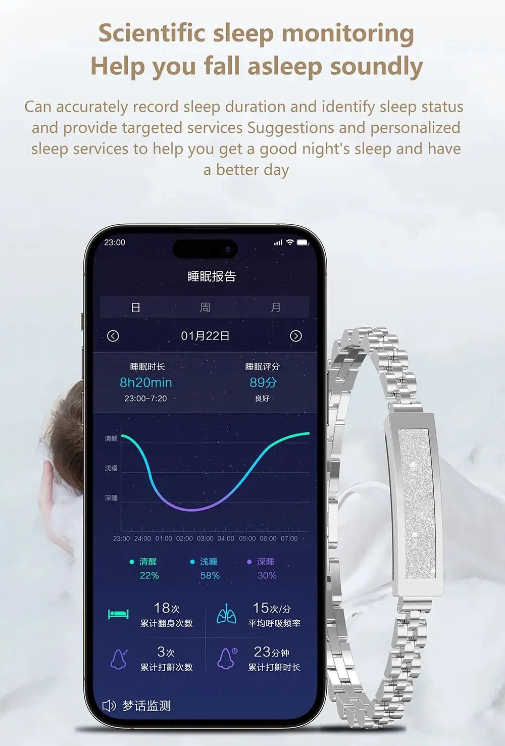 Smart Chain Bracelet for Women – Bluetooth Fitness Tracker with Heart Rate, Blood Oxygen, Sleep Monitor, Multi-Sport Modes & App Sync