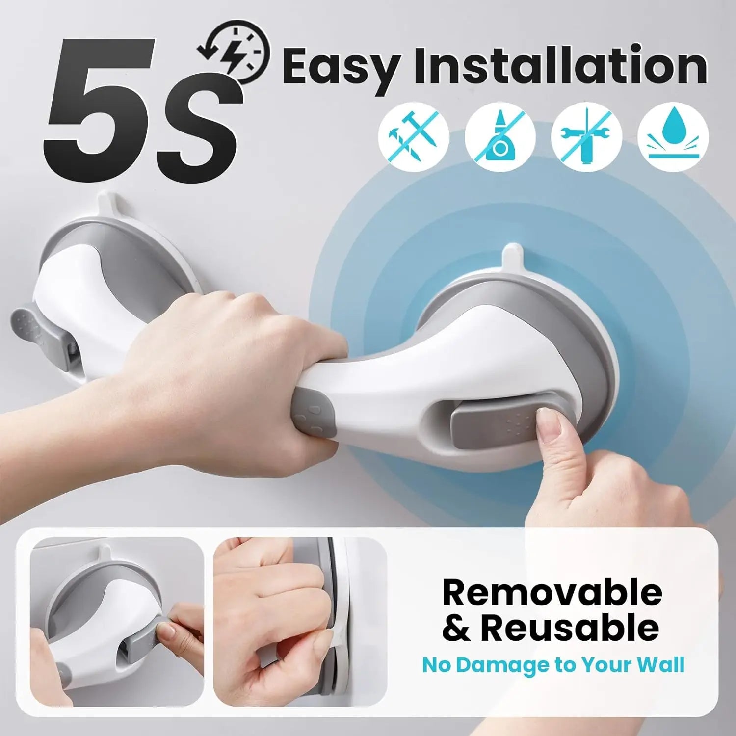 Heavy Duty Suction Shower Grab Bars – 2pcs No-Drill Waterproof Handles for Bathtubs & Showers, Safe Support for Seniors and the Elderly