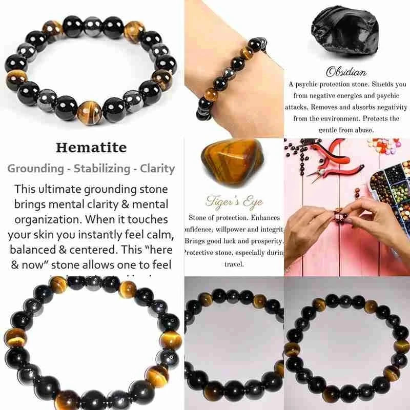 Hand Made Healing Bracelet | Natural Stones; Tiger-Eye, Black Obsidian, Hematite