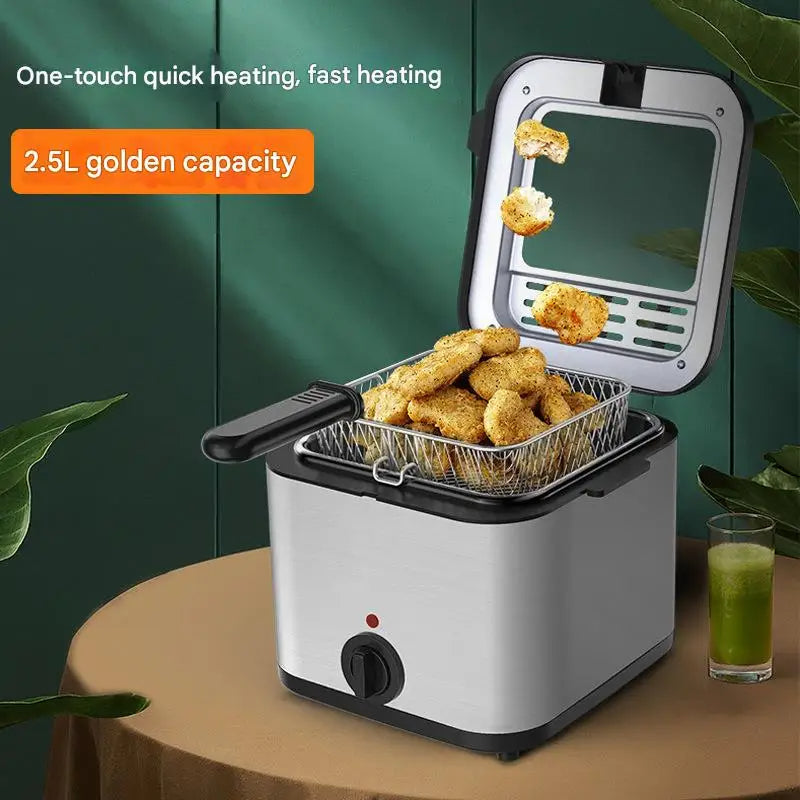 2.5L Mini Electric Deep Fat Fryer – Stainless Steel with Basket & Oil Filter Lid