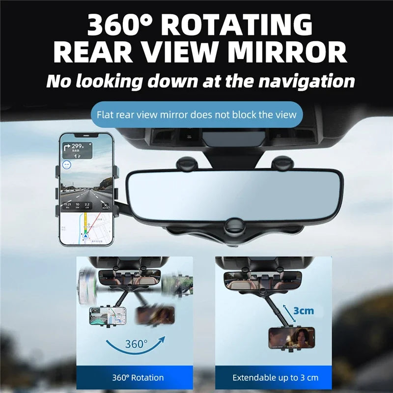 Rotatable and Retractable Car Phone Holder - 360 Degree Rear View Mirror Phone Holder