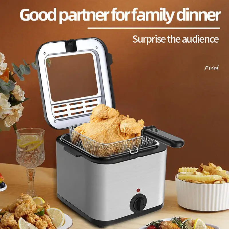 2.5L Mini Electric Deep Fat Fryer – Stainless Steel with Basket & Oil Filter Lid