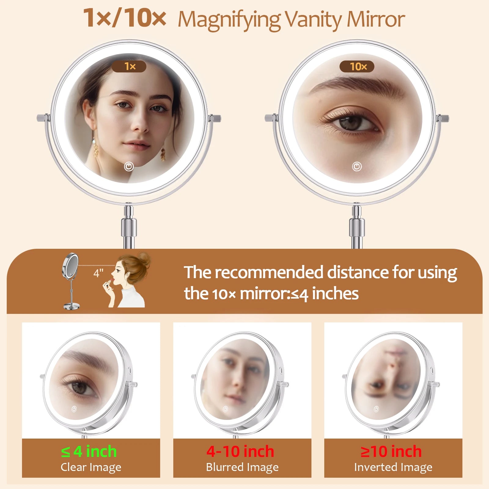 LED Makeup Mirror with Lights & 10X Zoom – Cordless & Adjustable
