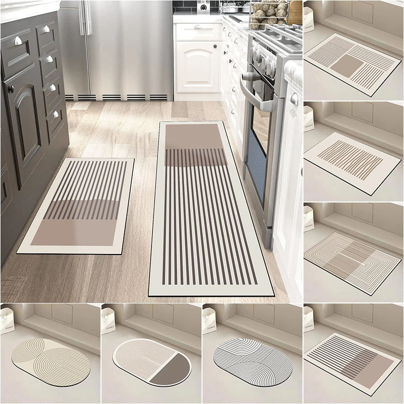 Quickdry Absorbing Kitchen Mat with Anti-Slip Back - Elegant Striped Design for Kitchen and Entryway Use
