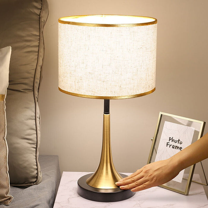 Fabric and Metal Cylinder Touch Table Lamp – Contemporary Dimmable Bedside Lighting