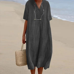 Summer Linen Midi Dress | V-Neck Loose Fit Design