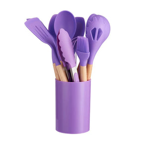 CalmPrep Silicone Utensil Set – 11-Piece Kitchen Tools with Wooden Handles in Soft Neutral Tones