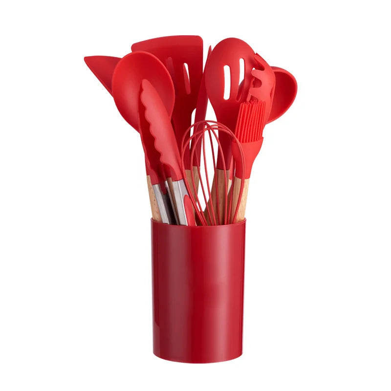 CalmPrep Silicone Utensil Set – 11-Piece Kitchen Tools with Wooden Handles in Soft Neutral Tones