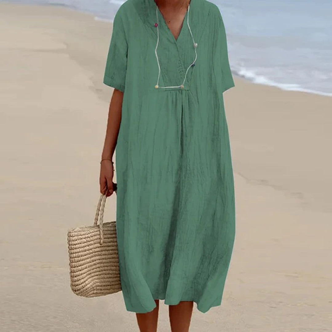 Summer Linen Midi Dress | V-Neck Loose Fit Design