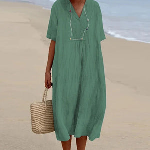 Summer Linen Midi Dress | V-Neck Loose Fit Design