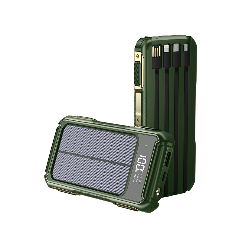 High-Capacity Solar Power Bank with 4-in-1 Cable and Emergency LED Light – Portable Charger for Travel and Outdoor Use