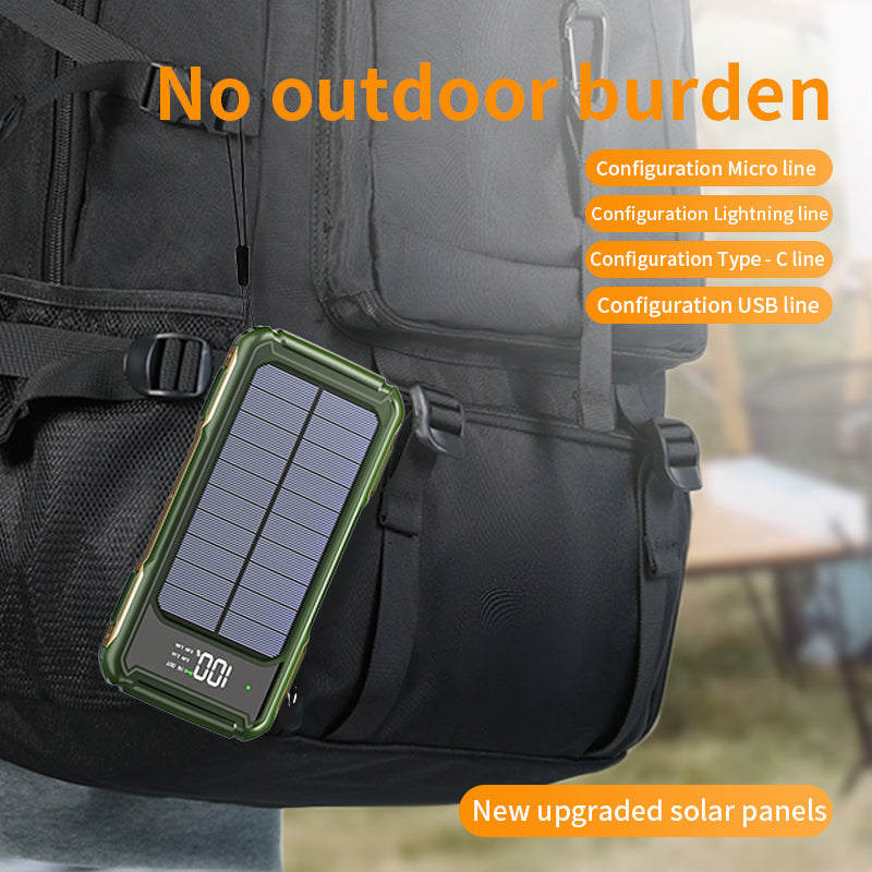 High-Capacity Solar Power Bank with 4-in-1 Cable and Emergency LED Light – Portable Charger for Travel and Outdoor Use