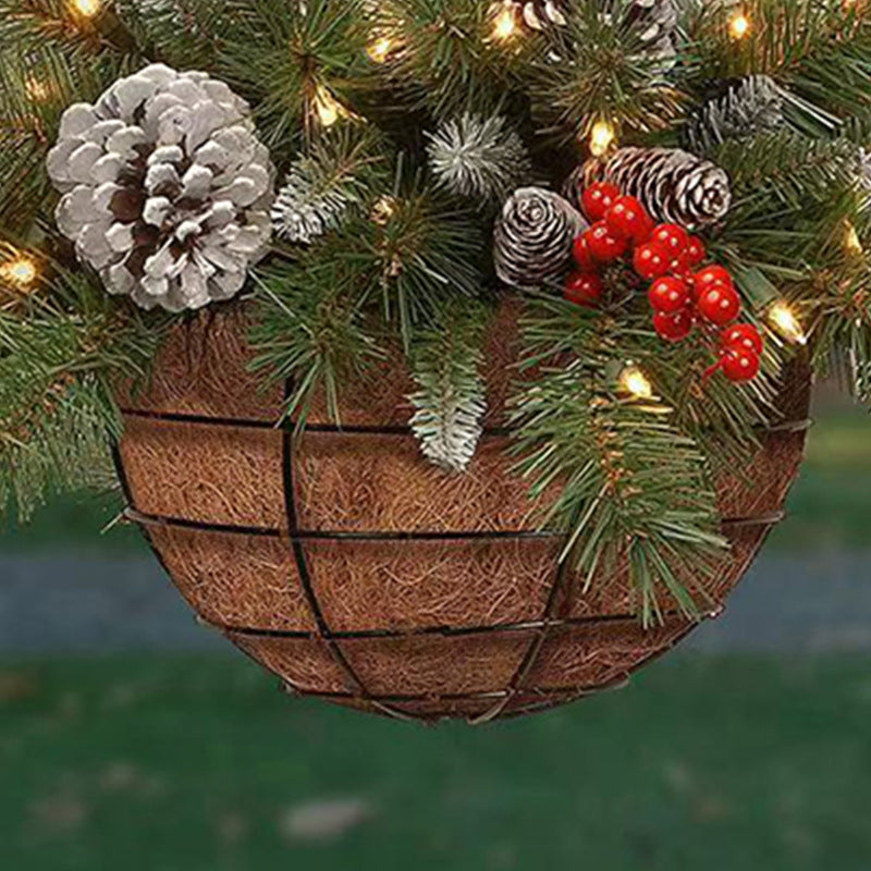 Christmas Hanging Basket with Frosted Pine Cones and Berry Ornaments