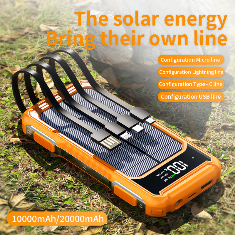 High-Capacity Solar Power Bank with 4-in-1 Cable and Emergency LED Light – Portable Charger for Travel and Outdoor Use
