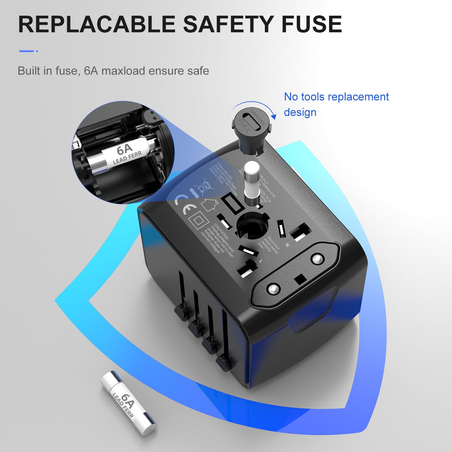 Universal Travel Adapter with 4 USB Ports and Type-C – Global Compatibility, Fast Charging Safety Features