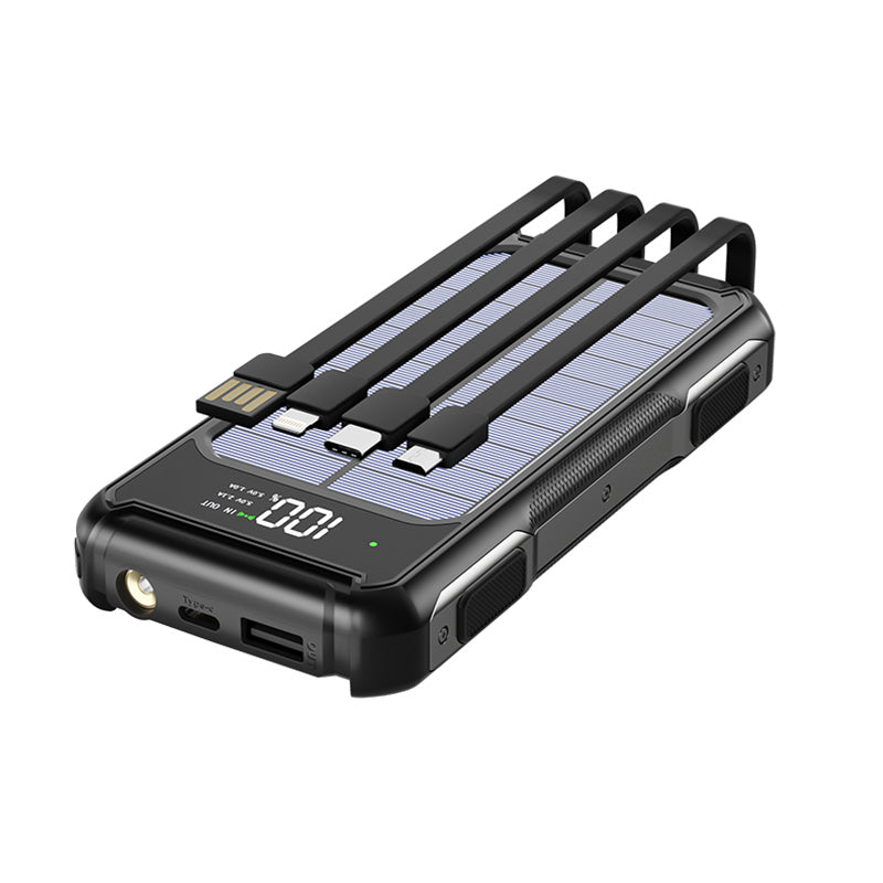 High-Capacity Solar Power Bank with 4-in-1 Cable and Emergency LED Light – Portable Charger for Travel and Outdoor Use