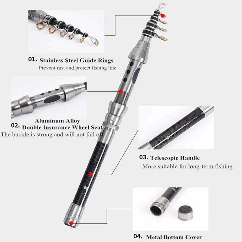 Carbon Fiber Telescopic Fishing Rod Pole Reel Combo Sea Saltwater Freshwater