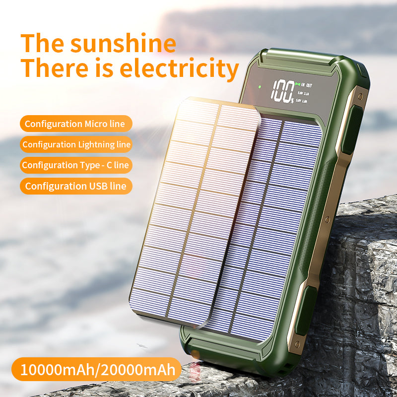 High-Capacity Solar Power Bank with 4-in-1 Cable and Emergency LED Light – Portable Charger for Travel and Outdoor Use