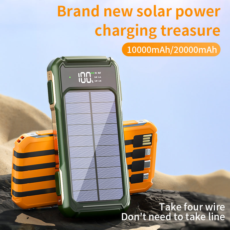 High-Capacity Solar Power Bank with 4-in-1 Cable and Emergency LED Light – Portable Charger for Travel and Outdoor Use