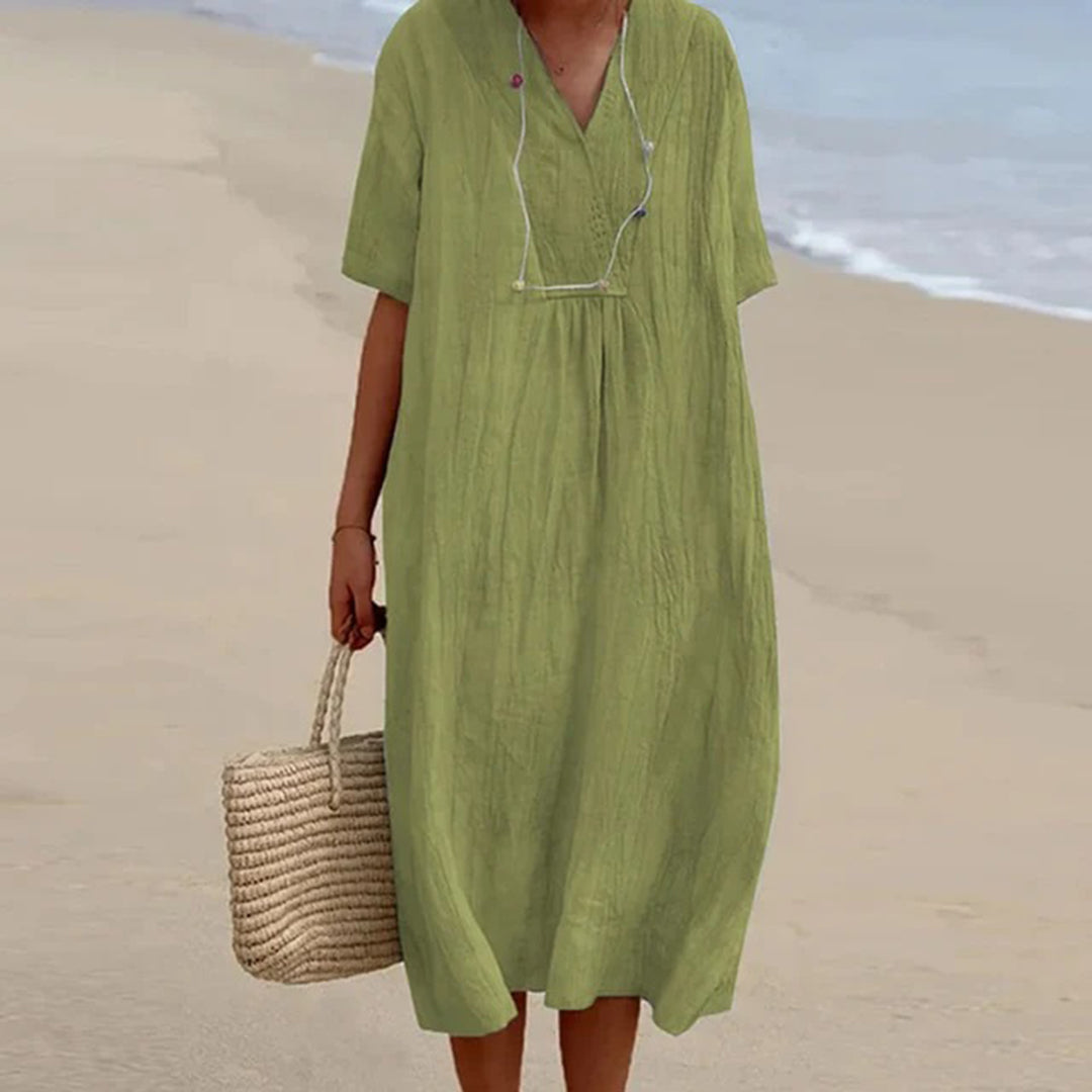 Summer Linen Midi Dress | V-Neck Loose Fit Design