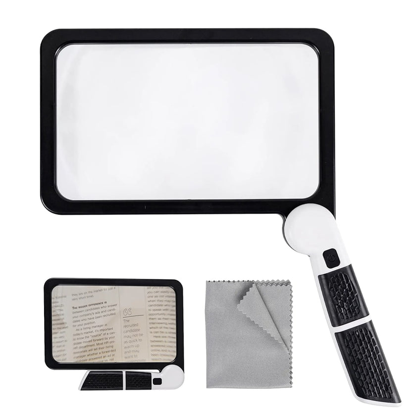Portable full-page magnifier, 5x magnification, LED lighting with 3 modes, ideal for reading books and for the elderly.