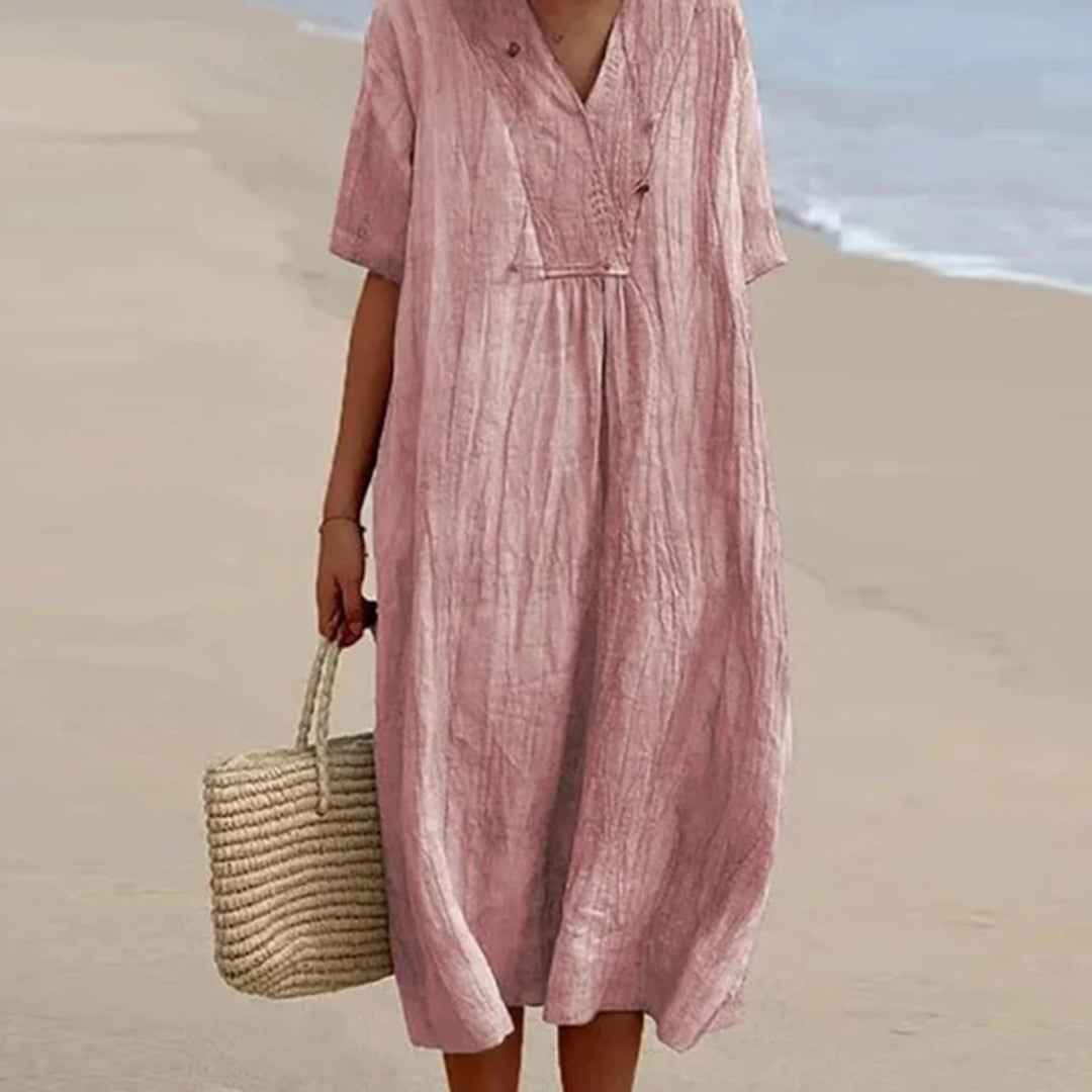 Summer Linen Midi Dress | V-Neck Loose Fit Design