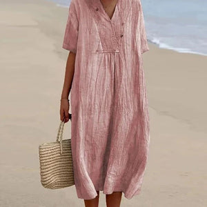 Summer Linen Midi Dress | V-Neck Loose Fit Design
