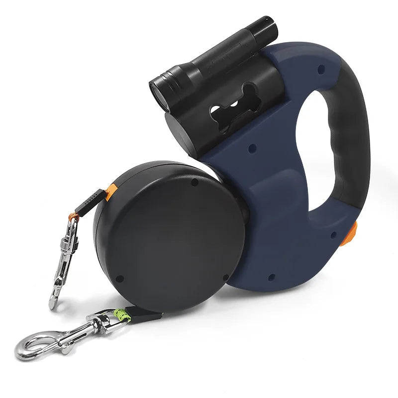 Dual Dog Leash with Flashlight & Waste Bag