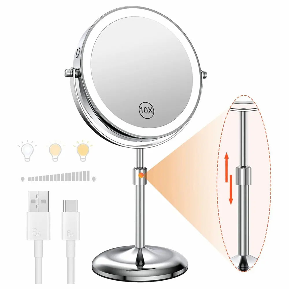 LED Makeup Mirror with Lights & 10X Zoom – Cordless & Adjustable