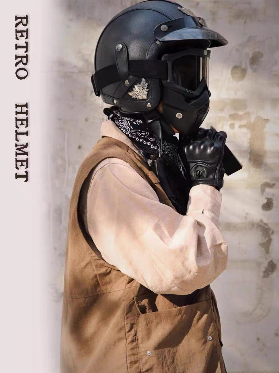 Retro Vintage Motorcycle Helmet Open Face With Goggle Mask