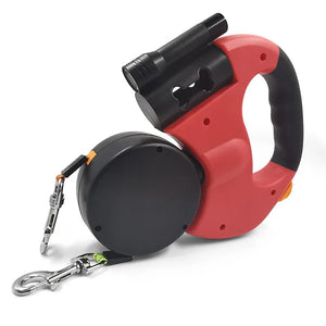 Dual Dog Leash with Flashlight & Waste Bag